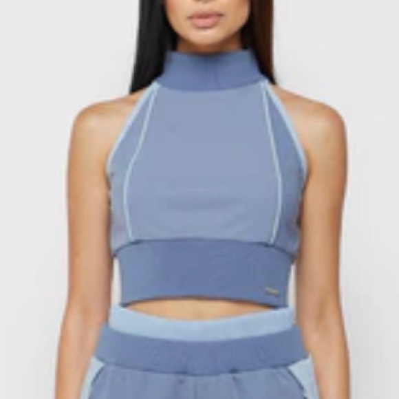HIGH NECK CONTRAST CROP TOP - STEEL BLUE - Picture 1 of 3
